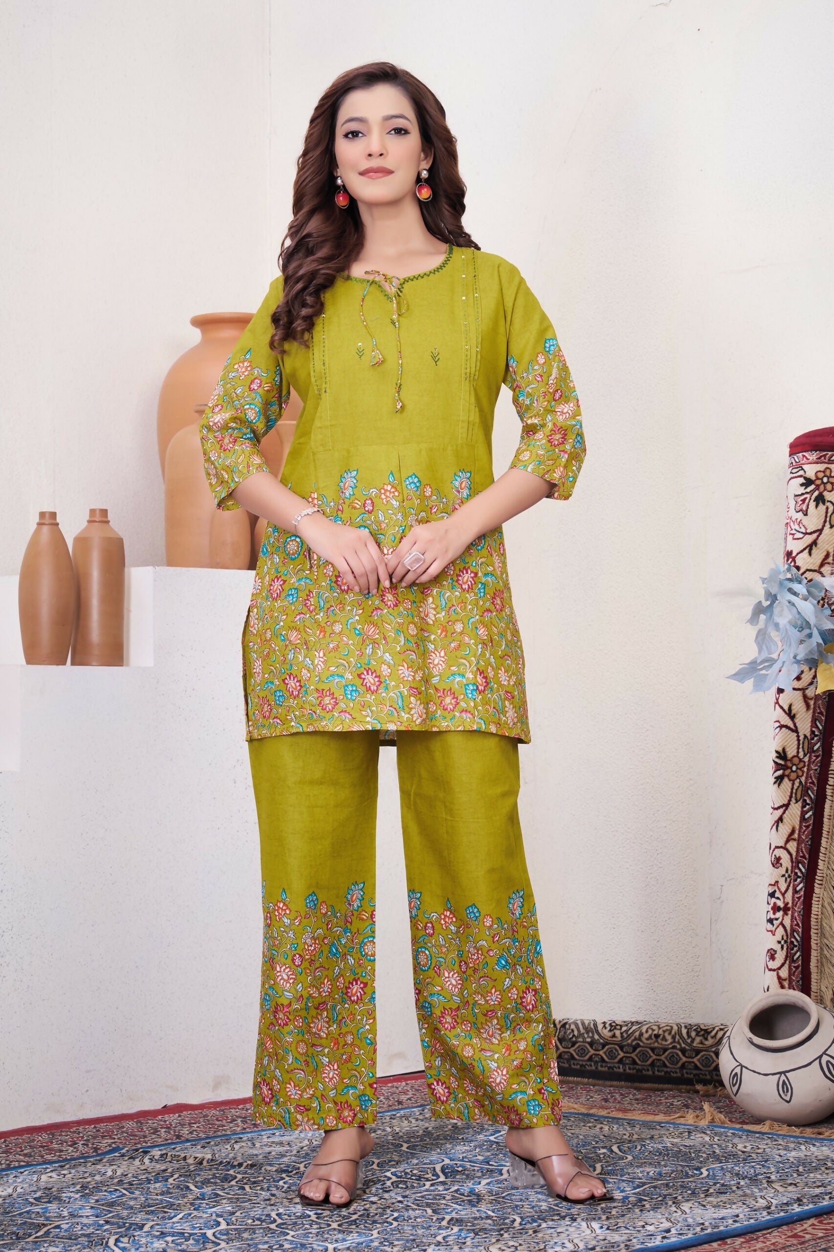 Teeya Creation Olive Green Floral Printed Short Kurta With Straight Pants Co-Ord Set | Grocsy