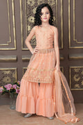 Kids Wedding Designer Peach Pure Finest Soft Net Sharara Suit - Aaradhna | Grocsy