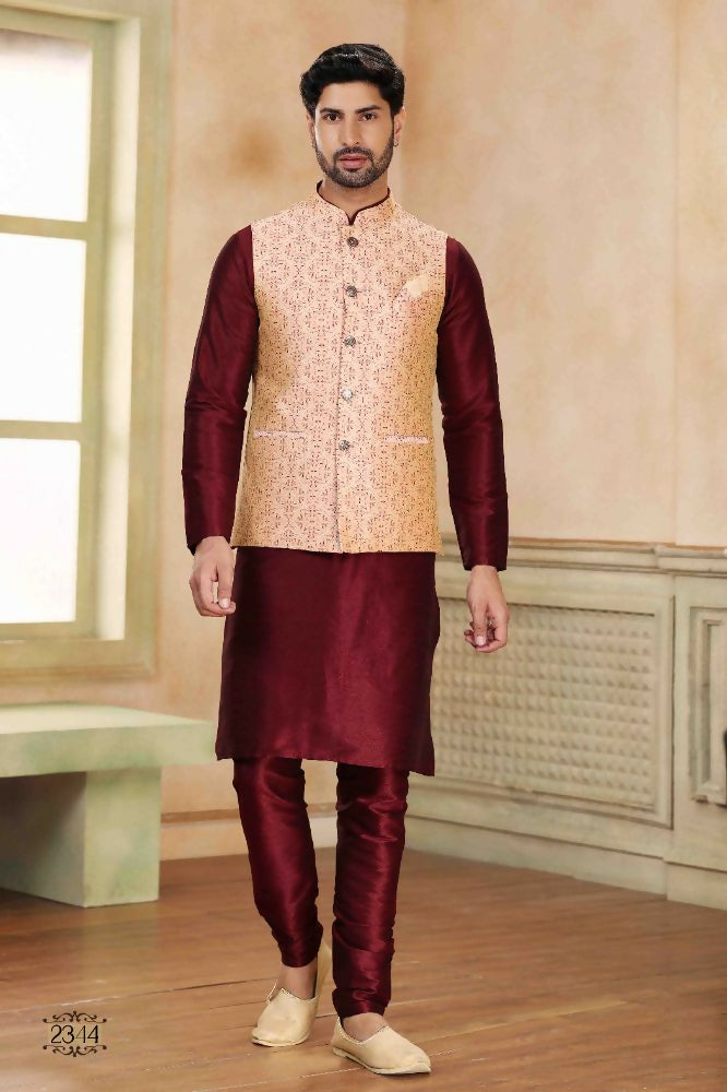 Raivat Ethnic Jacquard Banarasi Silk Woven Work 3 Pics Jacket Set In Beige Maroon Colour | Grocsy