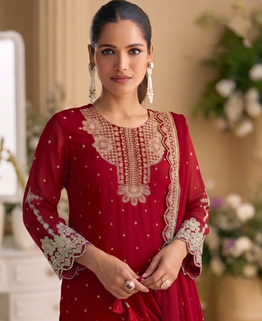 KC New Georgette Short Salwar Kameez Pakistani Style Red | Grocsy