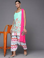 Ahalyaa Women Blue Floral Printed Kurta with Patiala & With Dupatta | Grocsy