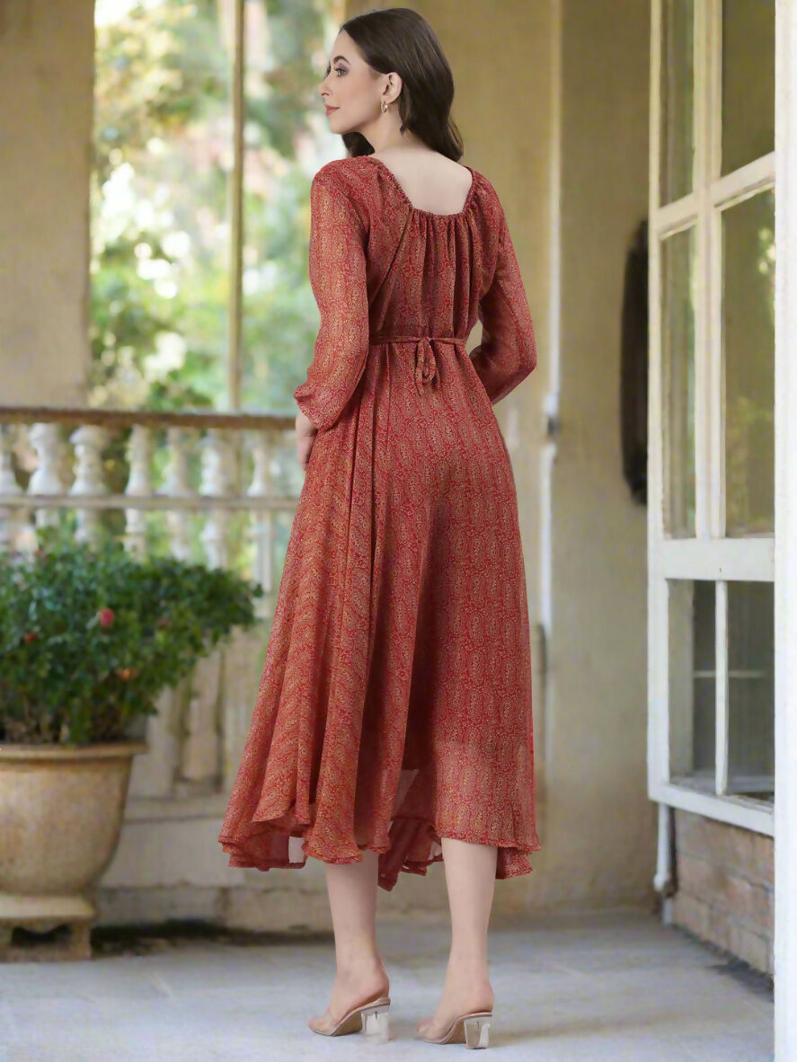 Souchii Rust Orange Printed Fit & Flare Dress | Grocsy