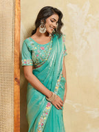 Teeya Creation New Stylish Trendy Party Wear Saree-Aqua_Blue | Grocsy