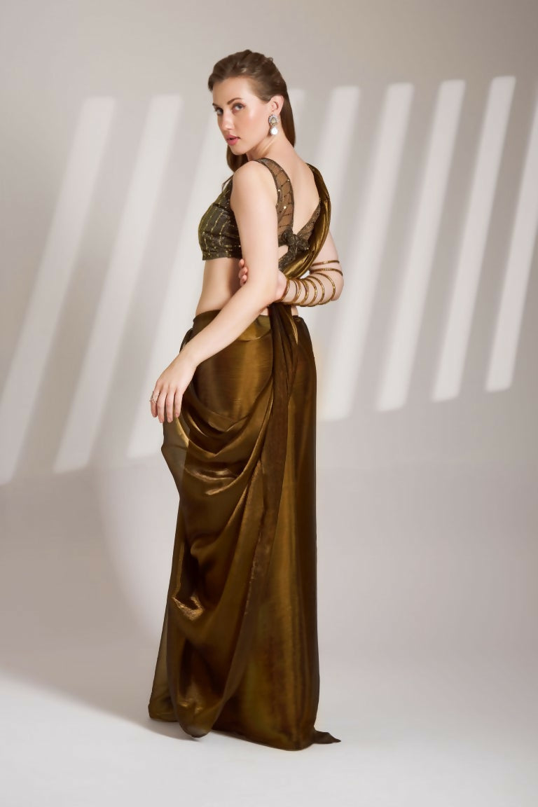 Brown Burberry Organza Solid Fancy Designer Saree - Nafisa | Grocsy