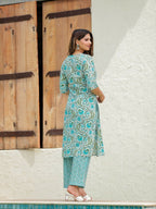 Aramya Straight Soft Cotton Floral Print Women's Kurta Set - Turquoise | Grocsy