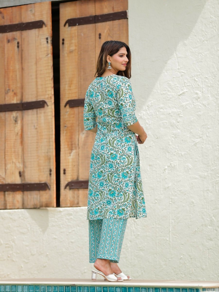 Aramya Straight Soft Cotton Floral Print Women's Kurta Set - Turquoise | Grocsy