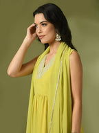 Myshka Women's Yellow Solid Georgette Anarkali Party Kurta Set With Dupatta | Grocsy