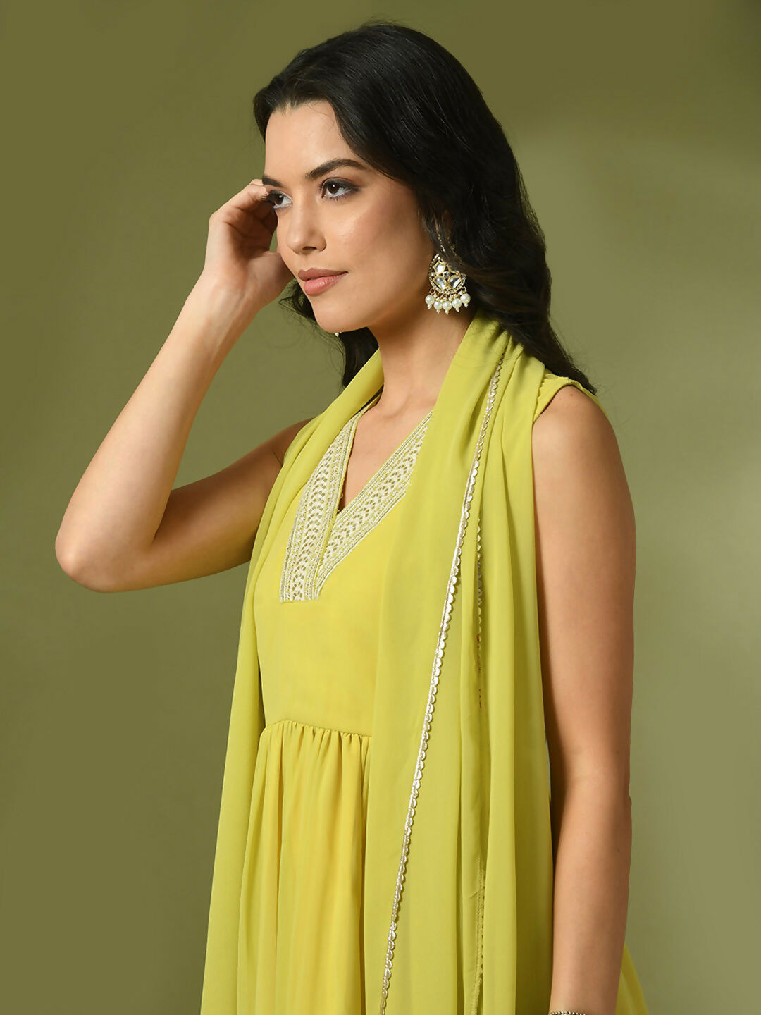 Myshka Women's Yellow Solid Georgette Anarkali Party Kurta Set With Dupatta | Grocsy