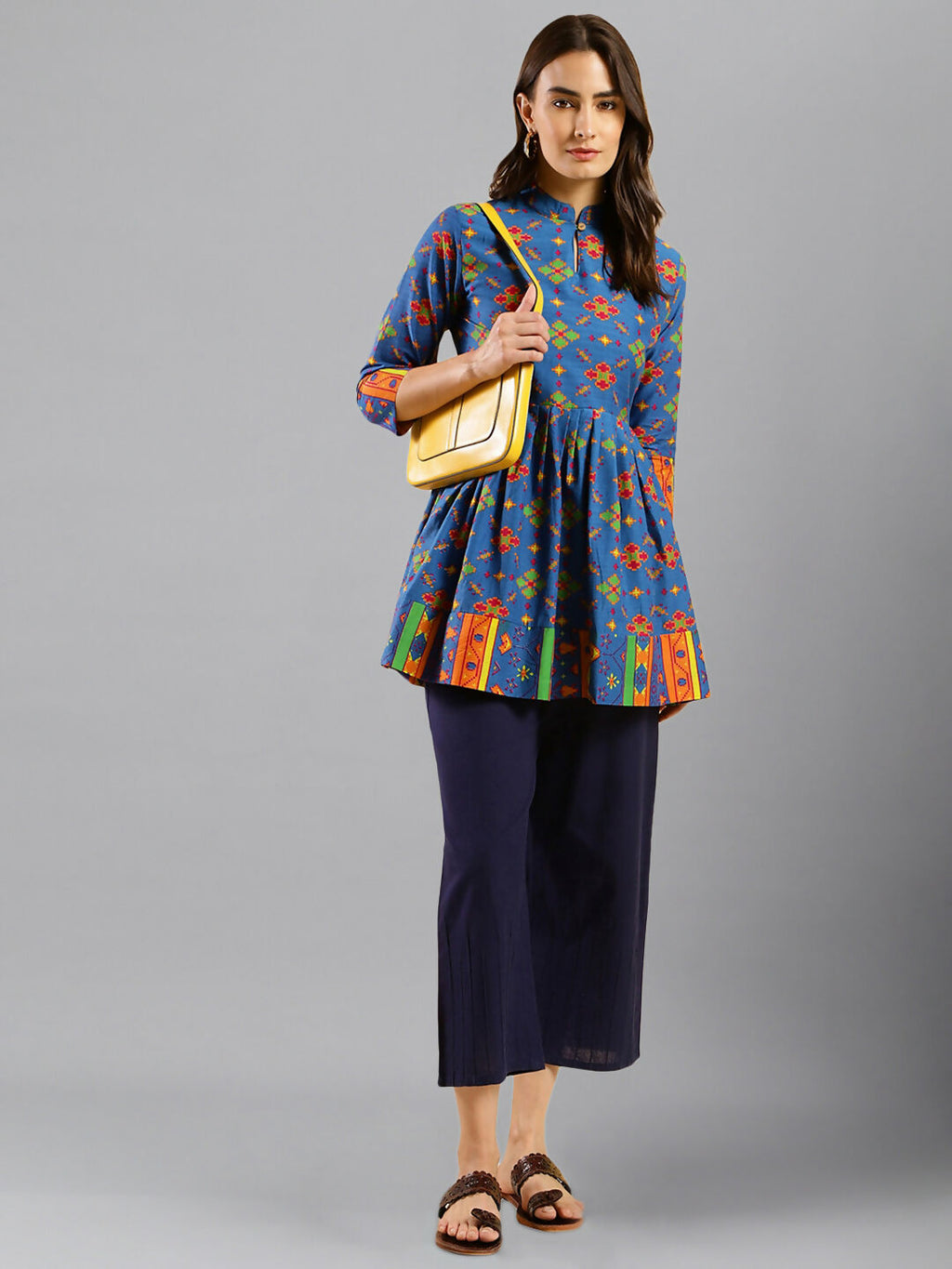 Women Blue & Green Pure Cotton Abstract Print Aline Top - Bosky | Grocsy