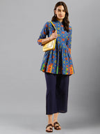 Women Blue & Green Pure Cotton Abstract Print Aline Top - Bosky | Grocsy
