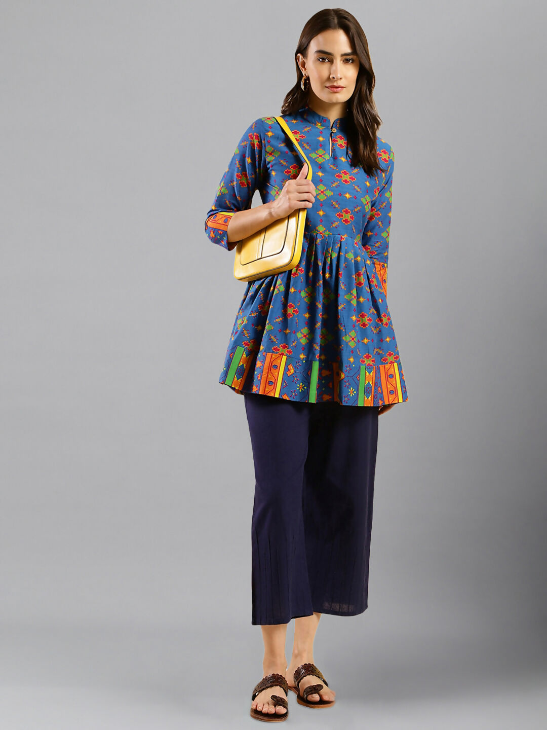 Women Blue & Green Pure Cotton Abstract Print Aline Top - Bosky | Grocsy