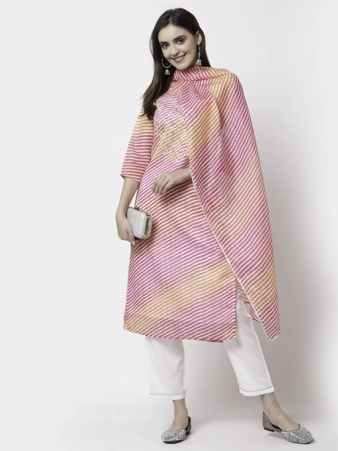 Myshka Pink Pure Cotton Printed 3/4 Sleeve Round Neck Kurta Pant Dupatta Set | Grocsy