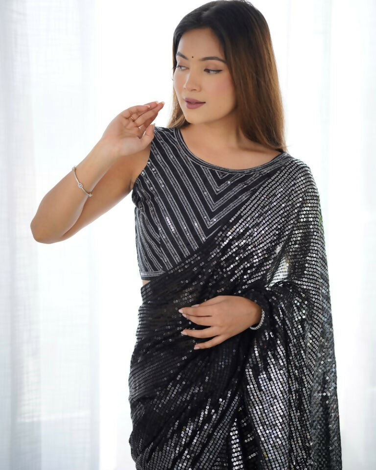 Black Georgette Designer Sequence Embroidery Work Saree - Radhe | Grocsy