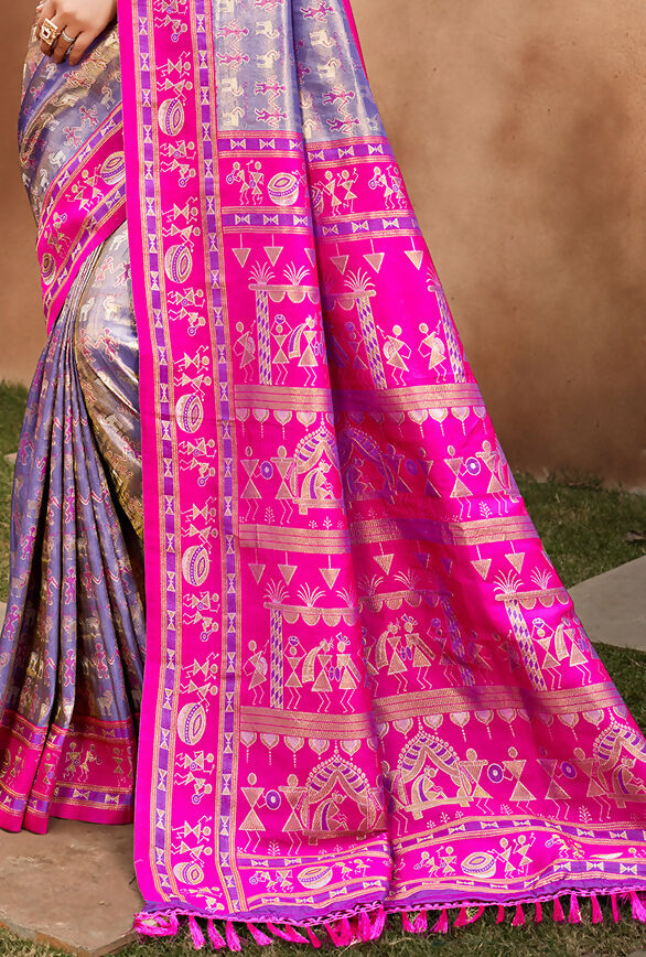 Sangam Prints Purple Kanjivaram Silk Woven Work Traditional Saree | Grocsy