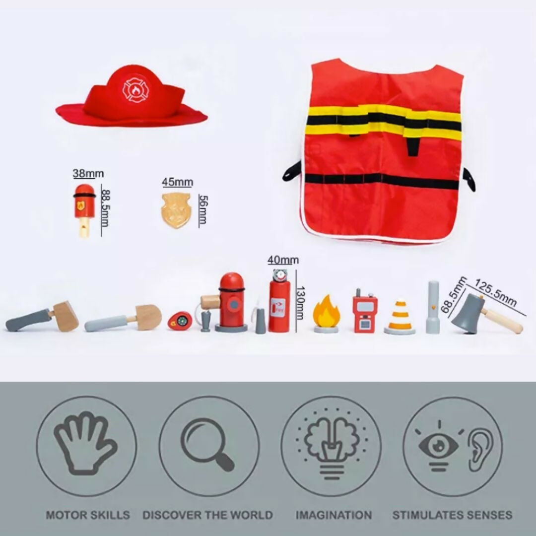 Nesta Toys Wooden Firefighter Pretend Play Toy with Fireman Costume Kit (14 Pcs) | Grocsy