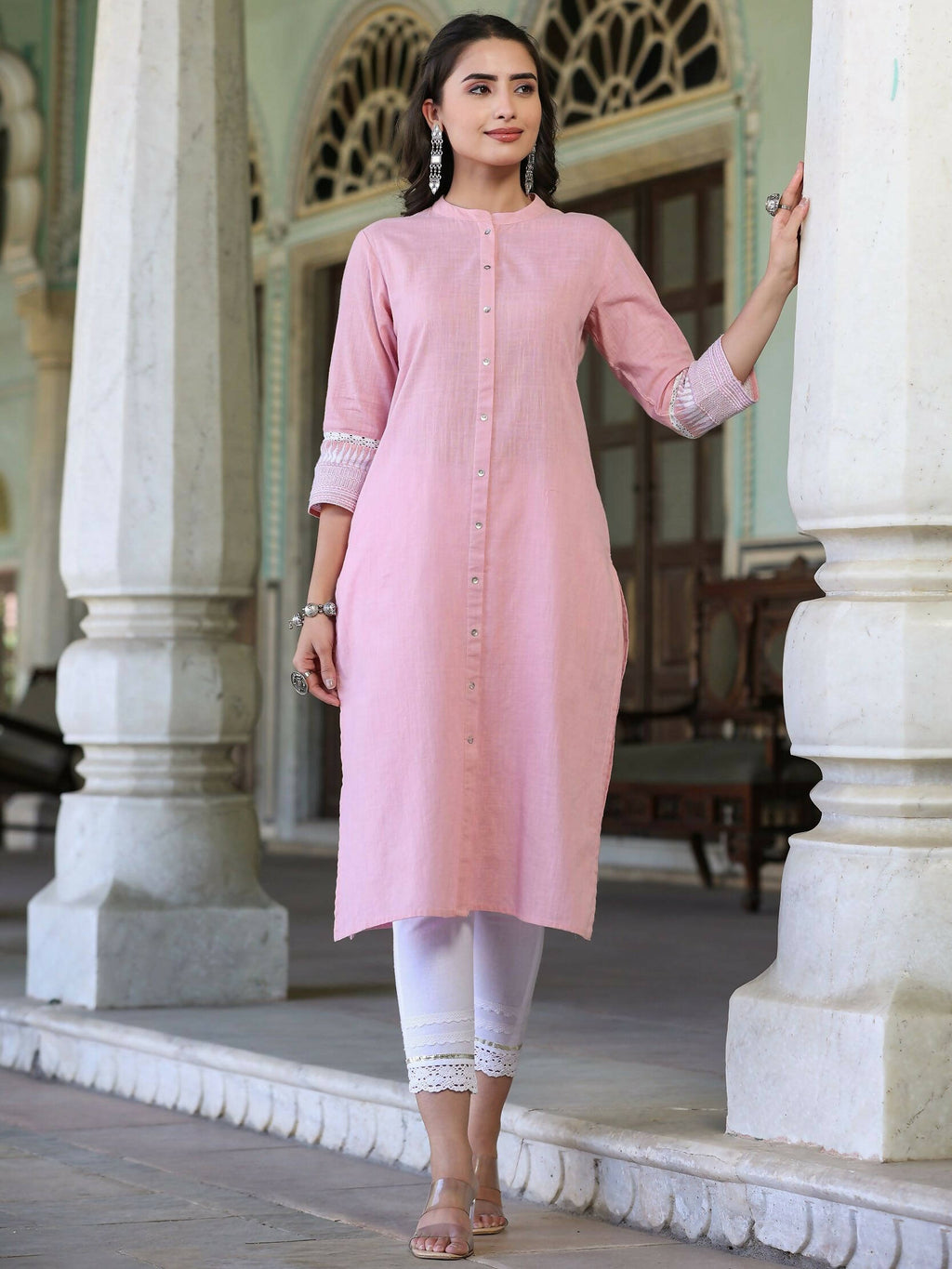 Juniper Women's Pink Cotton Slub Embroidered Straight Kurta | Grocsy