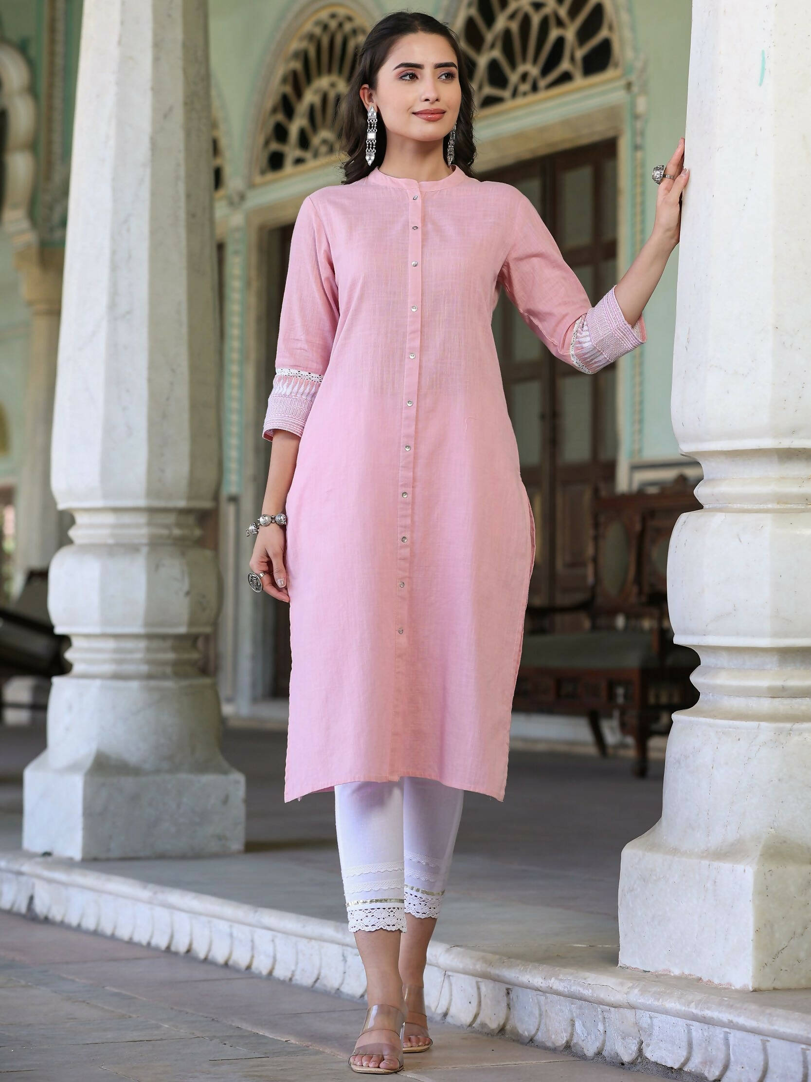 Juniper Women's Pink Cotton Slub Embroidered Straight Kurta | Grocsy