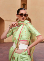 Sprout Green Pure Satin Zari Weaving Wedding Festive Saree - Emponline | Grocsy