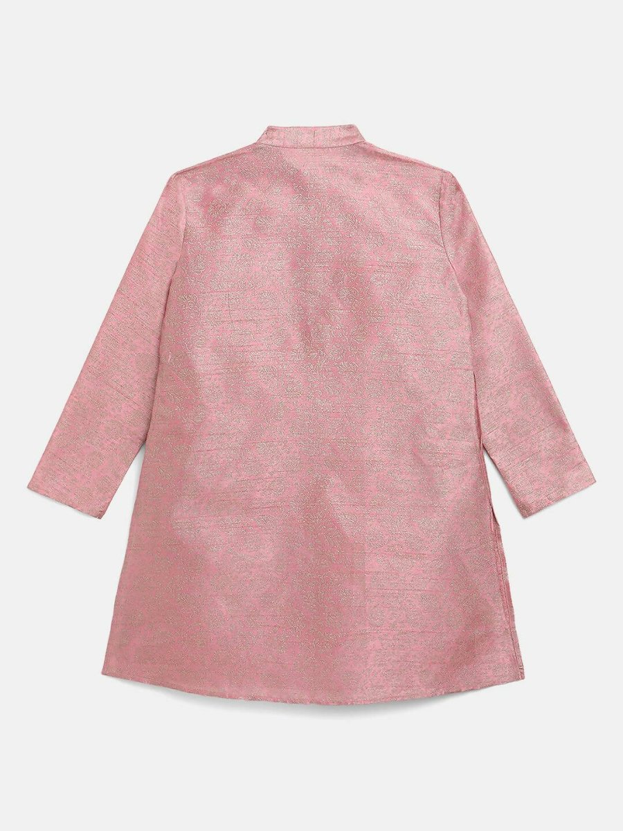 Ahalyaa Rose Gold Poly Silk Gold Print Kids Kurta Churidar Set For Boys | Grocsy