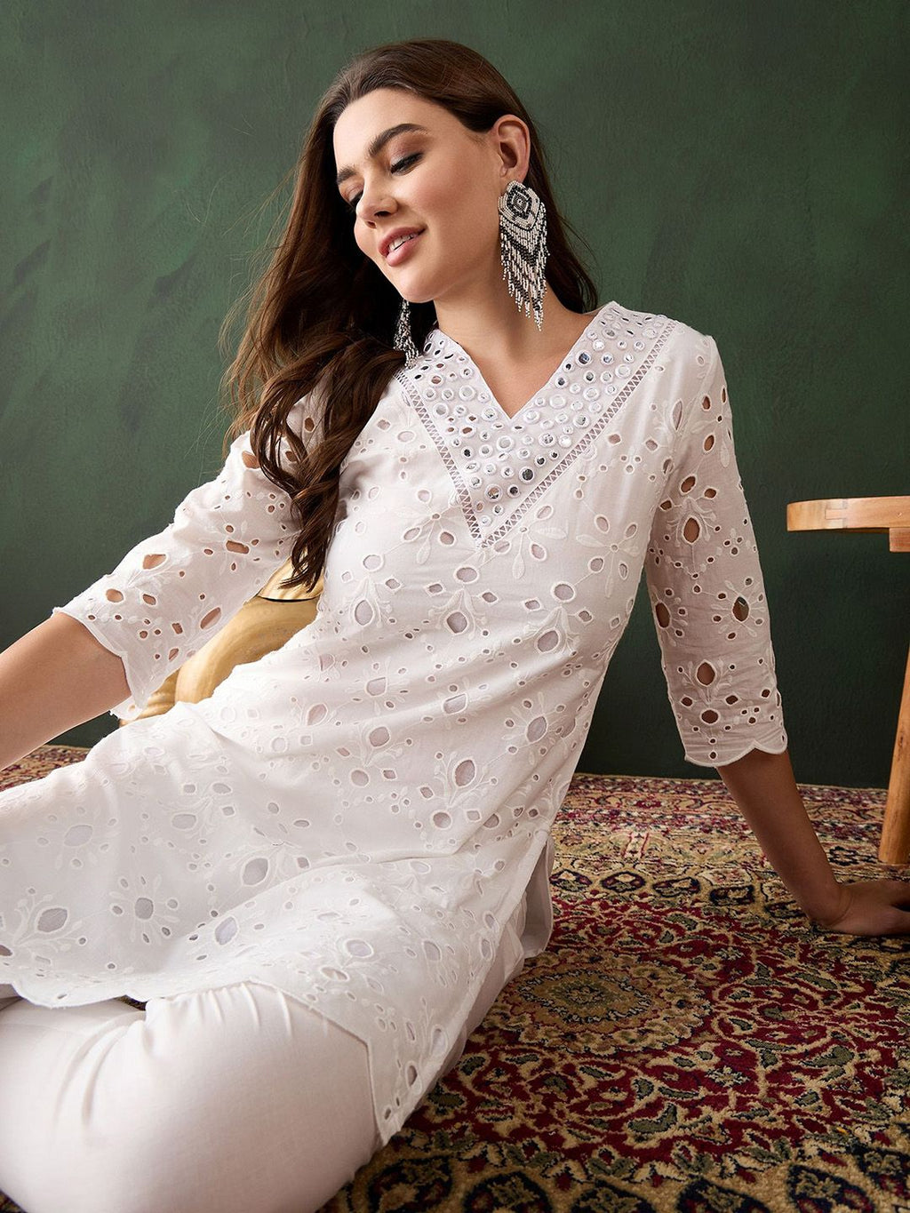 Sangria White Floral Embroidered V-Neck Mirror Work Pure Cotton Kurta with Trousers | Grocsy