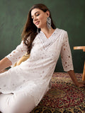 Sangria White Floral Embroidered V-Neck Mirror Work Pure Cotton Kurta with Trousers | Grocsy