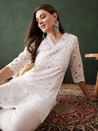 Sangria White Floral Embroidered V-Neck Mirror Work Pure Cotton Kurta with Trousers | Grocsy