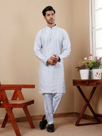 Light Blue Silk Designer Embroidery Work Men's Rajwadi Kurta Set - Mahotsav | Grocsy