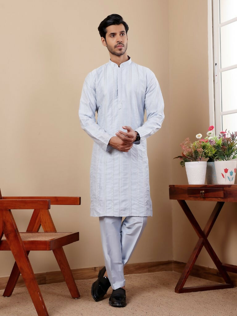 Light Blue Silk Designer Embroidery Work Men's Rajwadi Kurta Set - Mahotsav | Grocsy