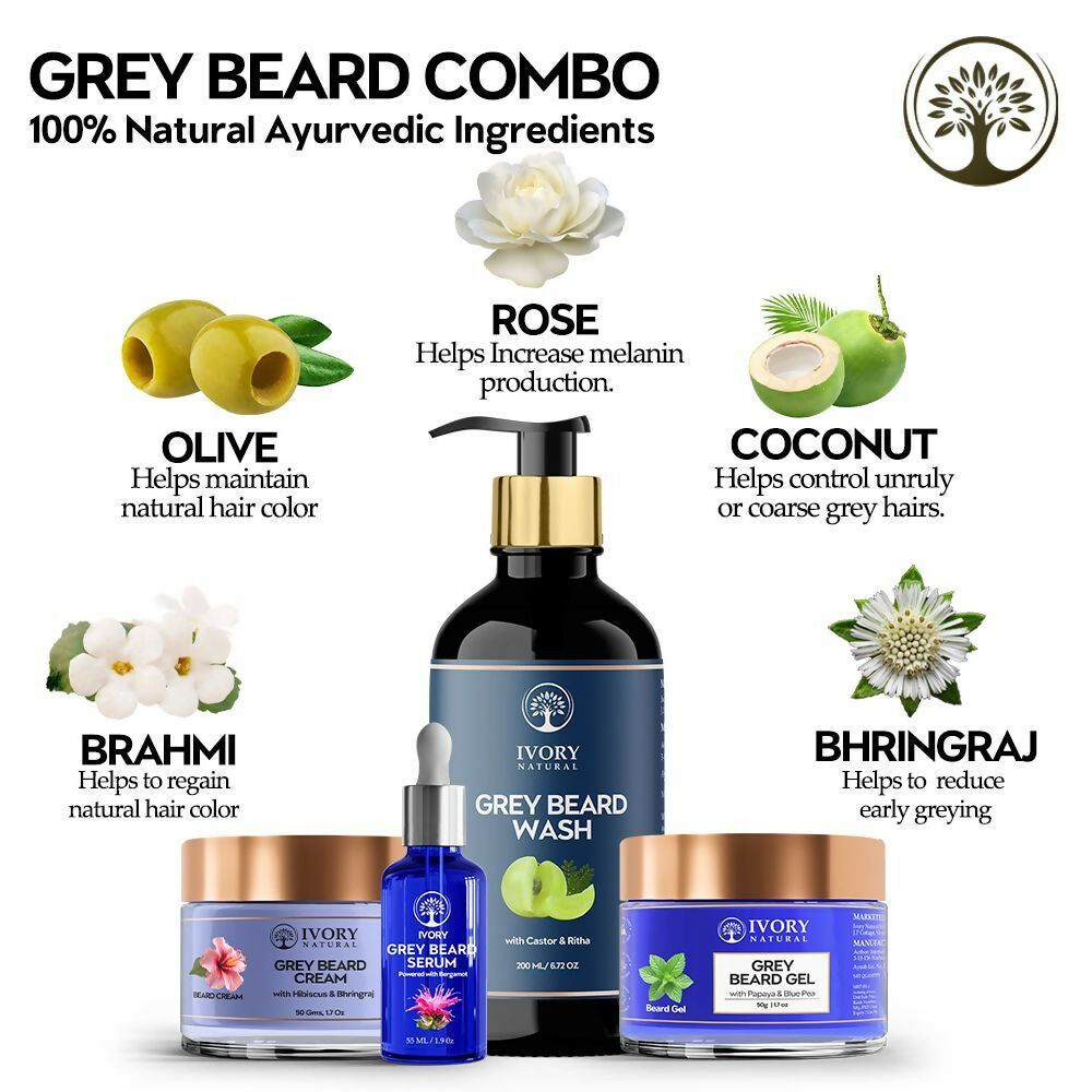 Ivory Natural Grey Beard Combo (Serum, Cream, Wash & Gel) Restore Your Silver Beard To Natural Color | Grocsy
