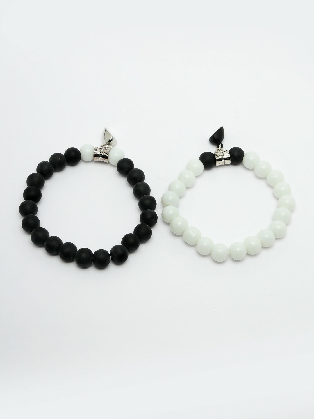 NVR Men & Women Set of 2 Black & White Onyx Handcrafted Elasticated Bracelet