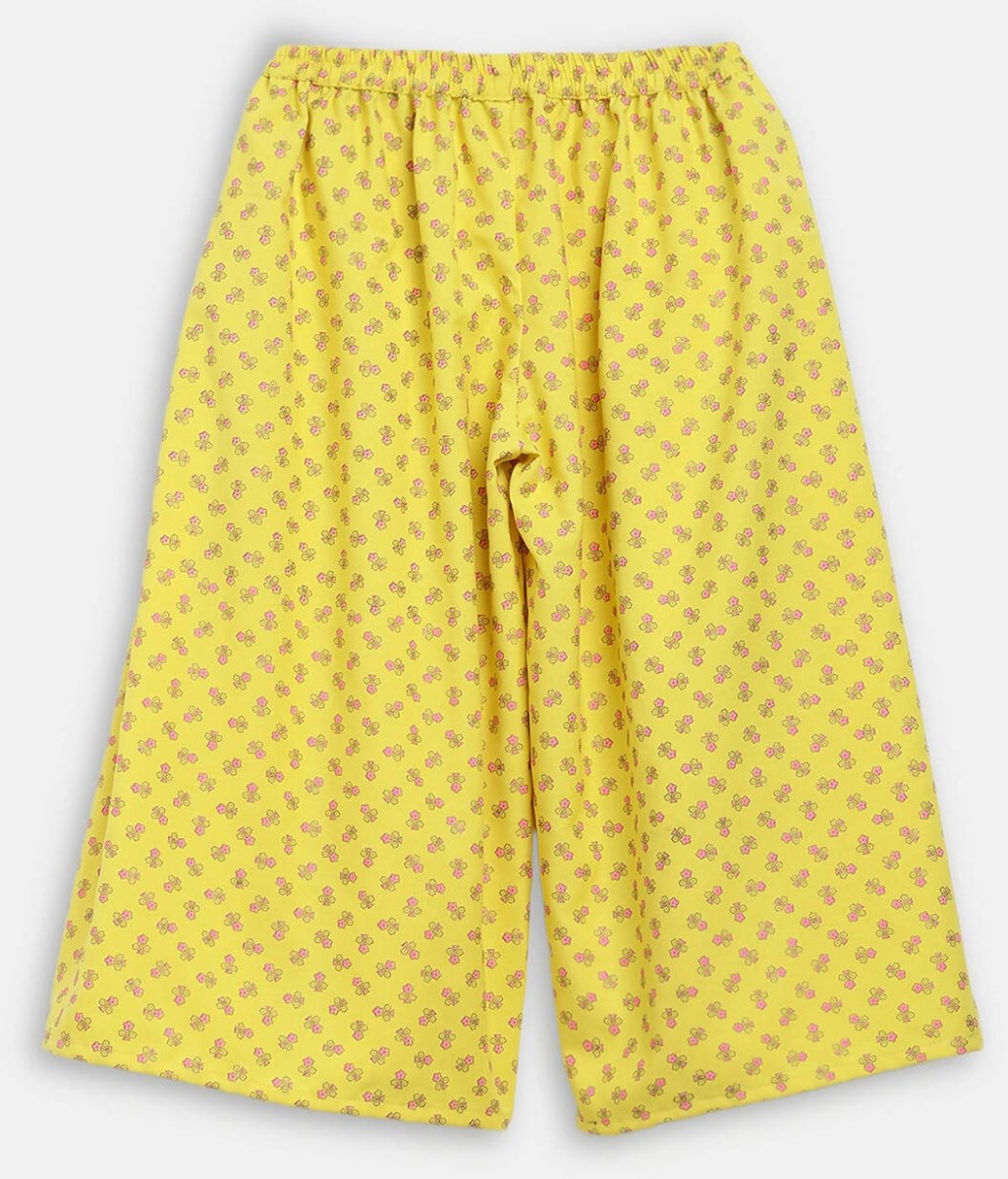 Ahalyaa Yellow Viscose Rayon Printed Kids Top & Palazzo Sets With Jacket For Girls | Grocsy