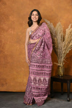 Very Much Indian Handblock Printed Cotton Saree With Natural Dyes - Pink | Grocsy