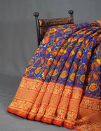 Vibrant Combination Of Ink Blue Kalamkaari Design Semi Chanderi Saree With Contrast Blouse By Gayathri Reddy Designer Studio | Grocsy