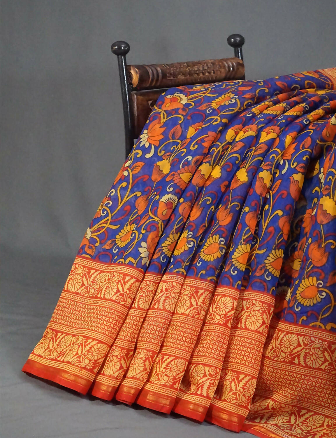 Vibrant Combination Of Ink Blue Kalamkaari Design Semi Chanderi Saree With Contrast Blouse By Gayathri Reddy Designer Studio | Grocsy