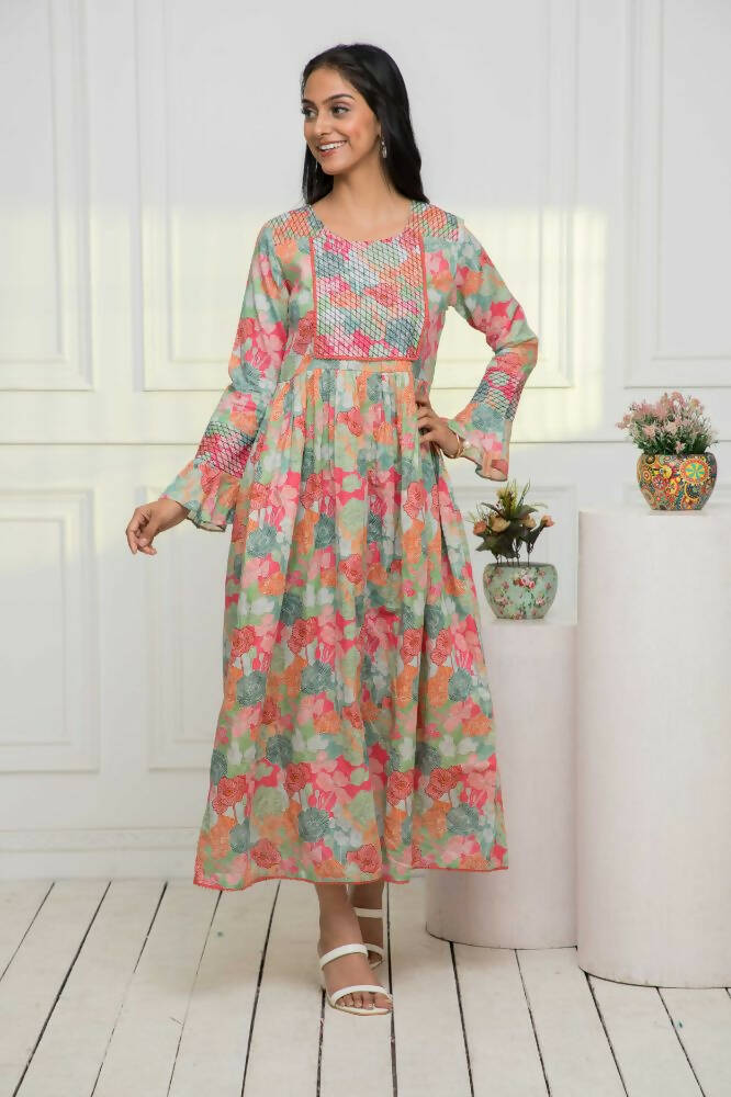 Myshka Women Multi Floral Rayon A-Line Round Neck Dress | Grocsy