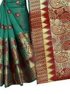 Vamika Banarasi Jaquard Rama Green & Red Weaving Saree | Grocsy