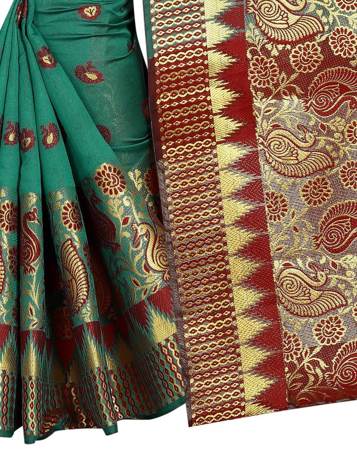 Vamika Banarasi Jaquard Rama Green & Red Weaving Saree | Grocsy