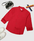 Manet Boys Mandarin Collar Full Sleeves Melange Shirt - Red | Grocsy