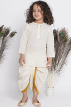 Little Bansi Banarsi Silk Blue Floral Embroidery Jacket With Cotton Kantha kurta And Kantha Dhoti - Cream | Grocsy