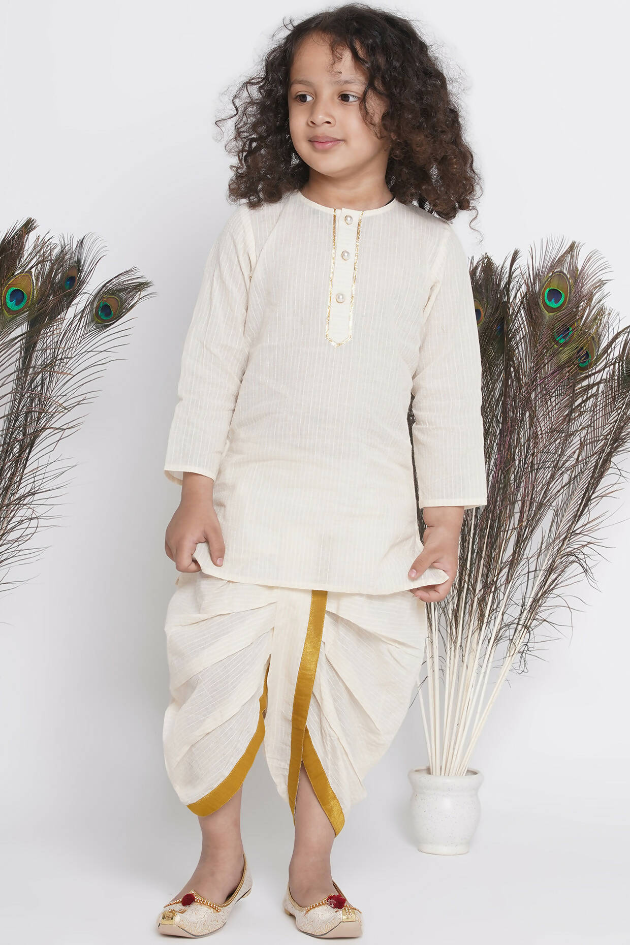 Little Bansi Banarsi Silk Blue Floral Embroidery Jacket With Cotton Kantha kurta And Kantha Dhoti - Cream | Grocsy