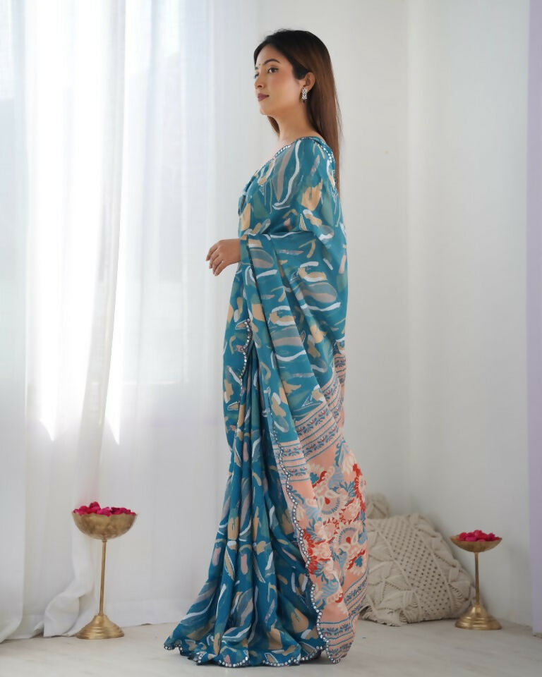 Teal Chinon Designer Digital Printed & Mirror Cut Work Saree - Kriti | Grocsy