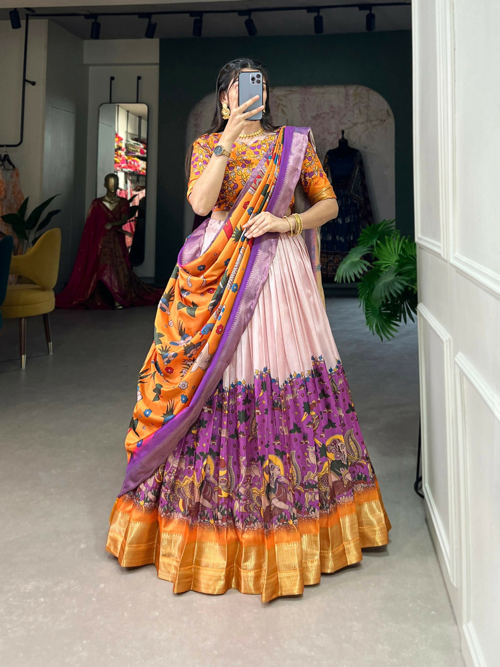 Vastranavya Kalamkari Print With Weaving Border Lehenga with Unstitched Blouse - Purple | Grocsy