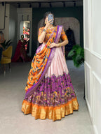 Vastranavya Kalamkari Print With Weaving Border Lehenga with Unstitched Blouse - Purple | Grocsy