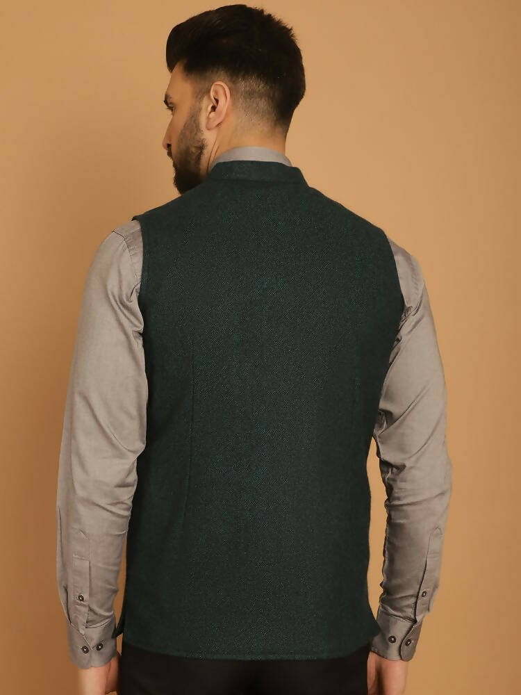 Even Apparels Pure Wool Nehru Jacket - Green | Grocsy