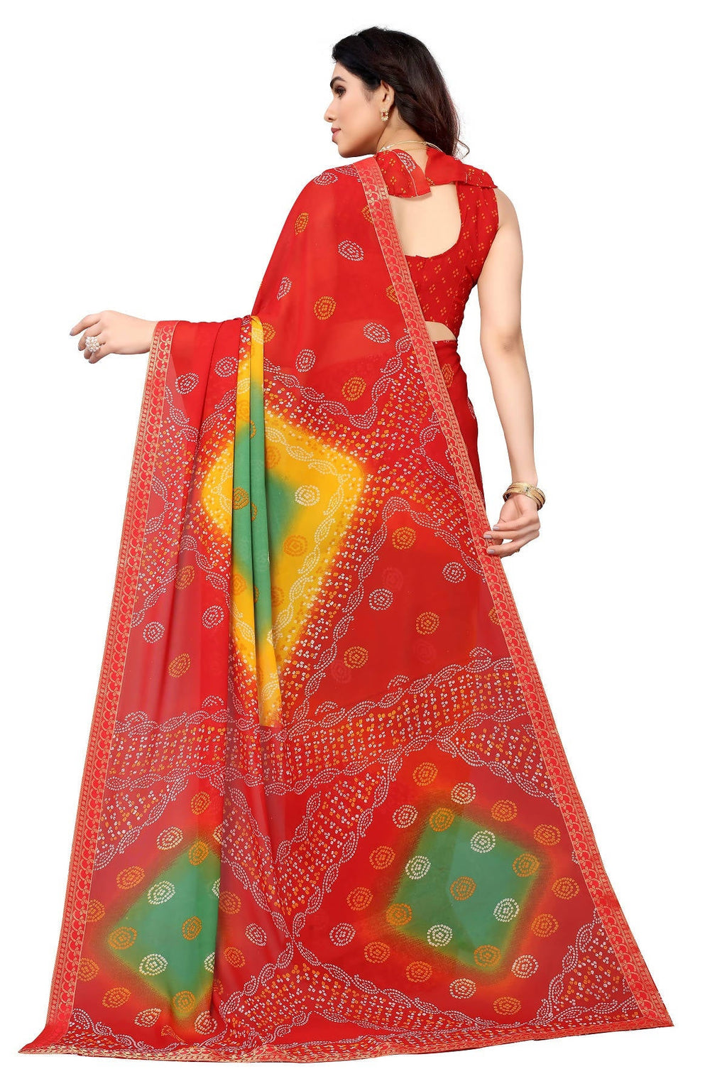 Vamika Ethnic Fire Red Printed With Lace Saree | Grocsy