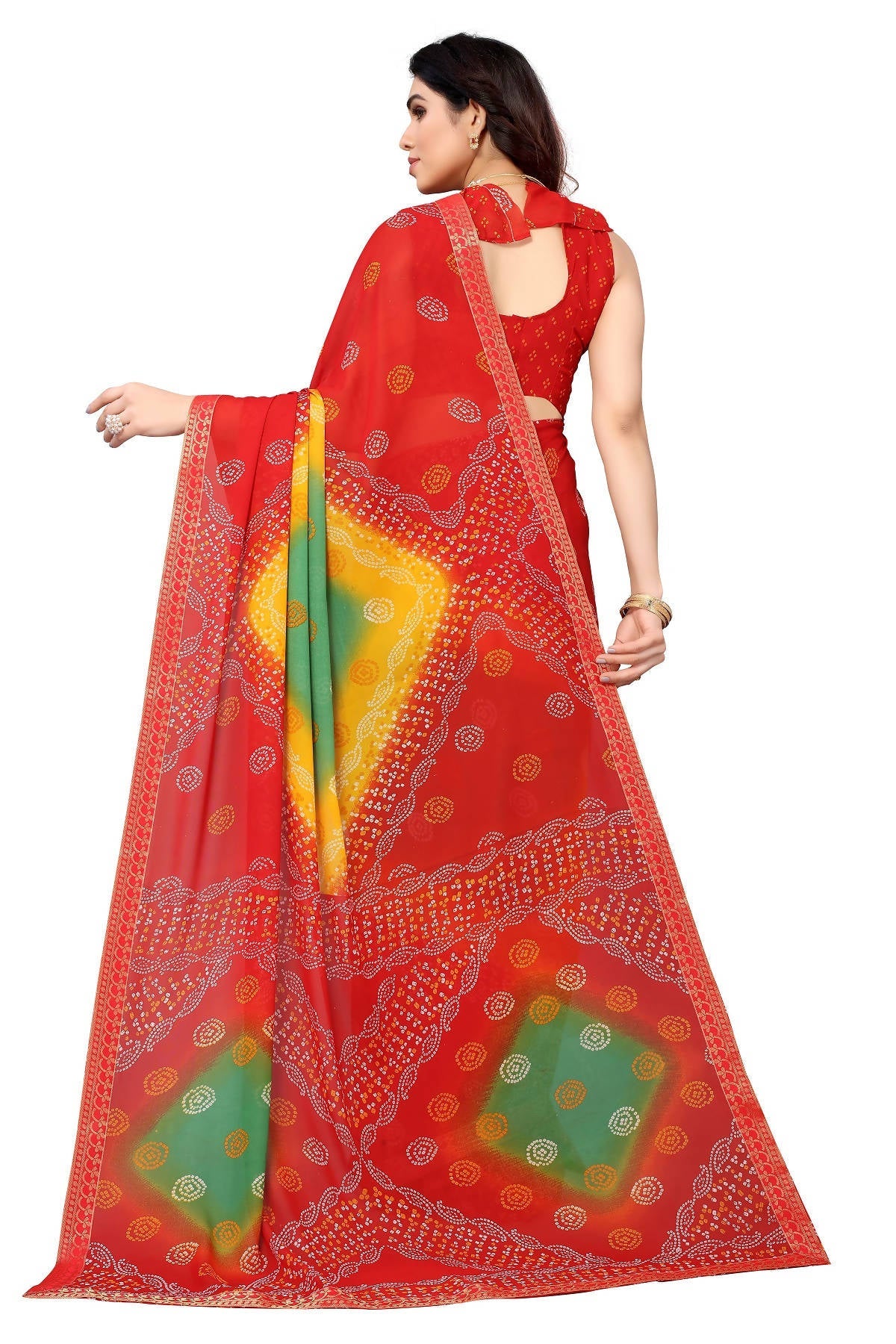 Vamika Ethnic Fire Red Printed With Lace Saree | Grocsy