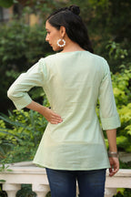 Juniper Women's Green Cotton Dobby Solid Embroidered Straight Tunic | Grocsy