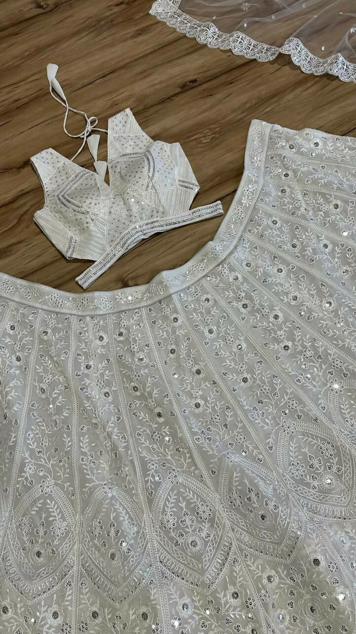 Jyoti Fashion Women's Off White Georgette Codding Thread with Sequins Embroidered Designer Lehenga Choli Set | Grocsy