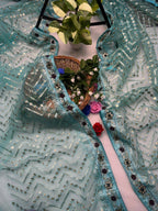 Vastranavya Butterfly Net Designer Chain Stitch Embroidery Work with Foil Thread & Stone Work Saree with Blouse Material - Turquoise | Grocsy