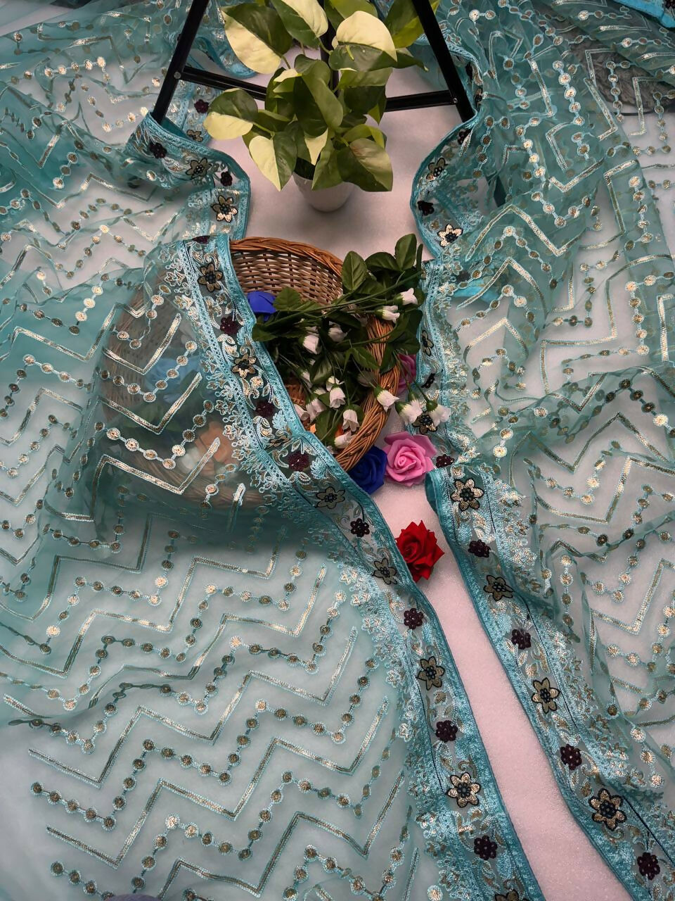 Vastranavya Butterfly Net Designer Chain Stitch Embroidery Work with Foil Thread & Stone Work Saree with Blouse Material - Turquoise | Grocsy